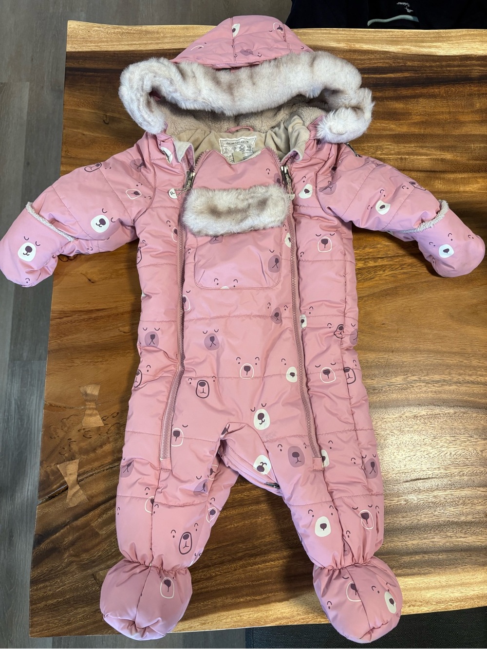 deux par deux Pink Bear-Print Padded Footie with Faux-Fur Hood